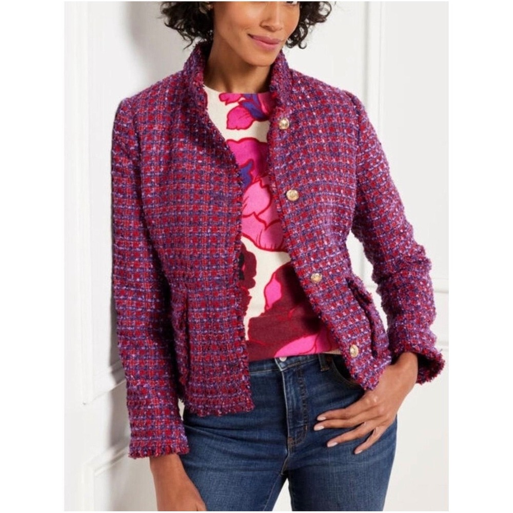 Talbots Petite Red Purple Tweed Fringe Trim Jacket Gold Buttons 12P VN5750